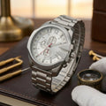 Men's Silver Chronograph Watch with White Dial Stainless Steel Bracelet Wristwatch