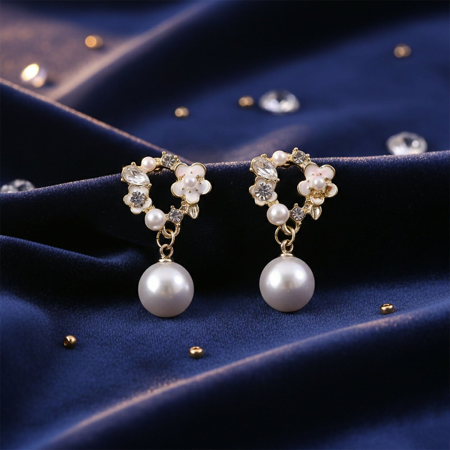 Vintage Rose Pearl Stud Earrings for Women – Elegant Gold Floral Design