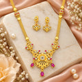 Gold-Plated Floral Cutwork Dokiya Necklace Set with Ruby Stone Accents & Matching Drop Earrings