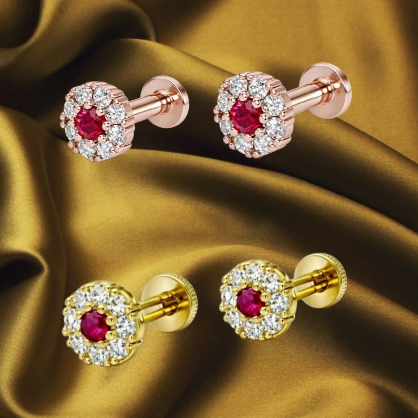 Ruby Halo Stud Earrings in Yellow Gold plating flat-back design