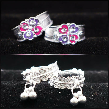Silver Plated Floral Ghungroo Ghanti Toe Ring Bichiya for woman and girl Combo Pack of 2