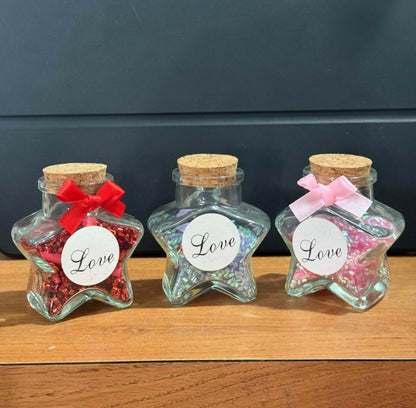 Star Shaped Glass Love Jar Bottles with Cork Lid and Decorative Ribbon – Set of 3 (Red, Blue & Pink) | Cute Romantic Gift Bottles for Valentine’s Day, Anniversary, Birthday, Home Decor | Glitter Filled Mini Message Bottles