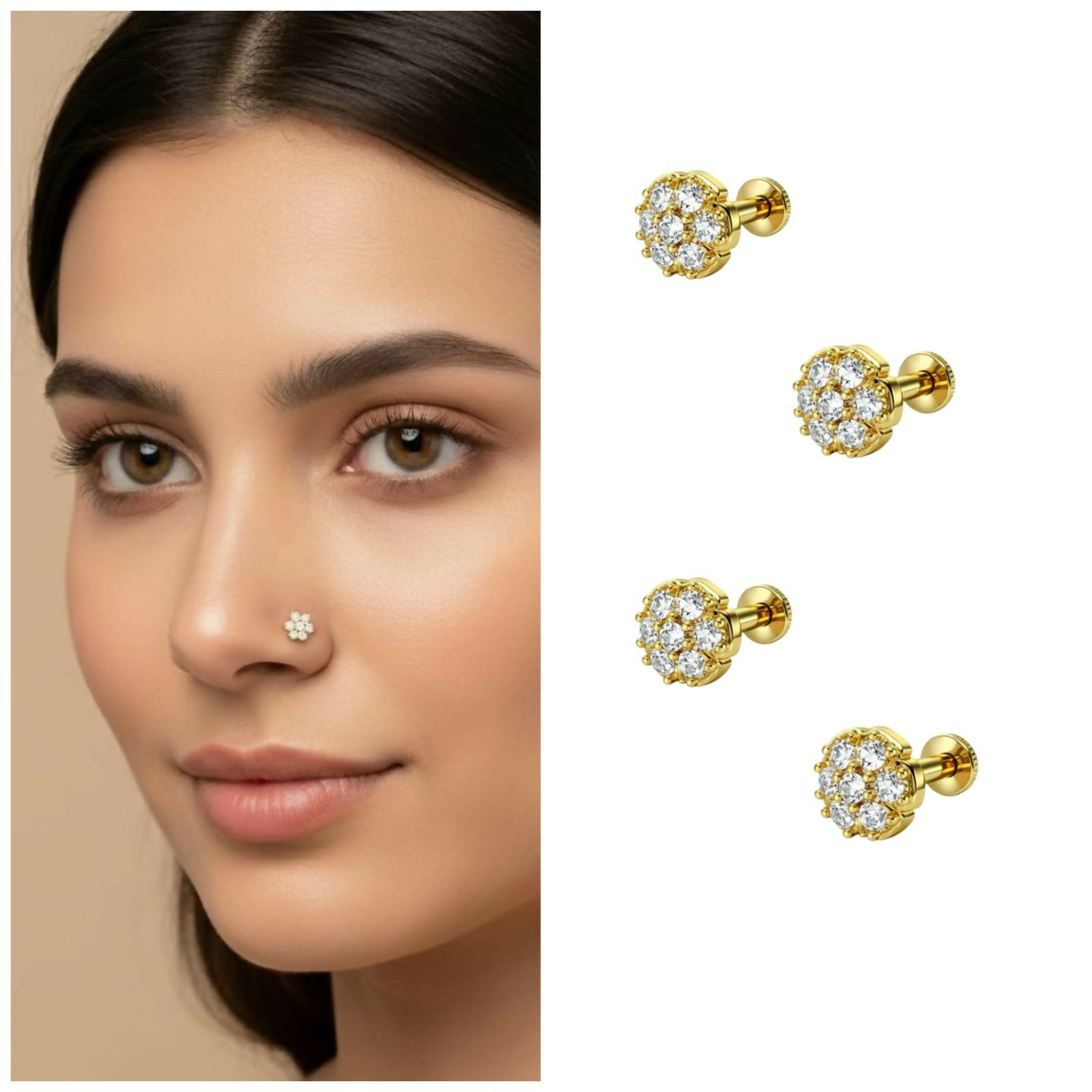 Gold plated floral nosepin stud with central sparkling stone on white background