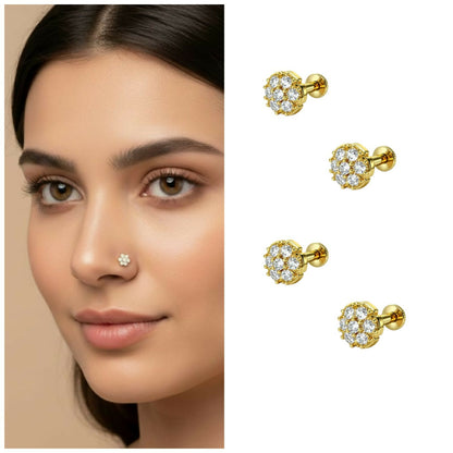 Gold plated floral nosepin stud with central sparkling stone on white background