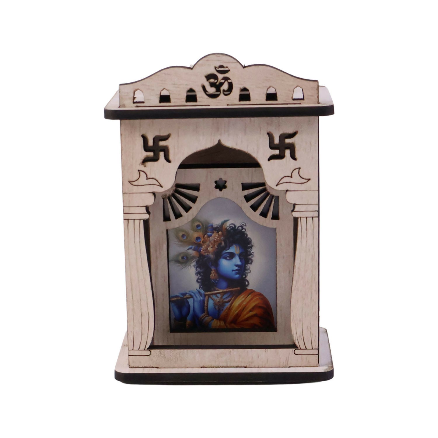 Wooden Krishna Mini Temple with Printed Image & Adhesive Base – Tabletop Mandir