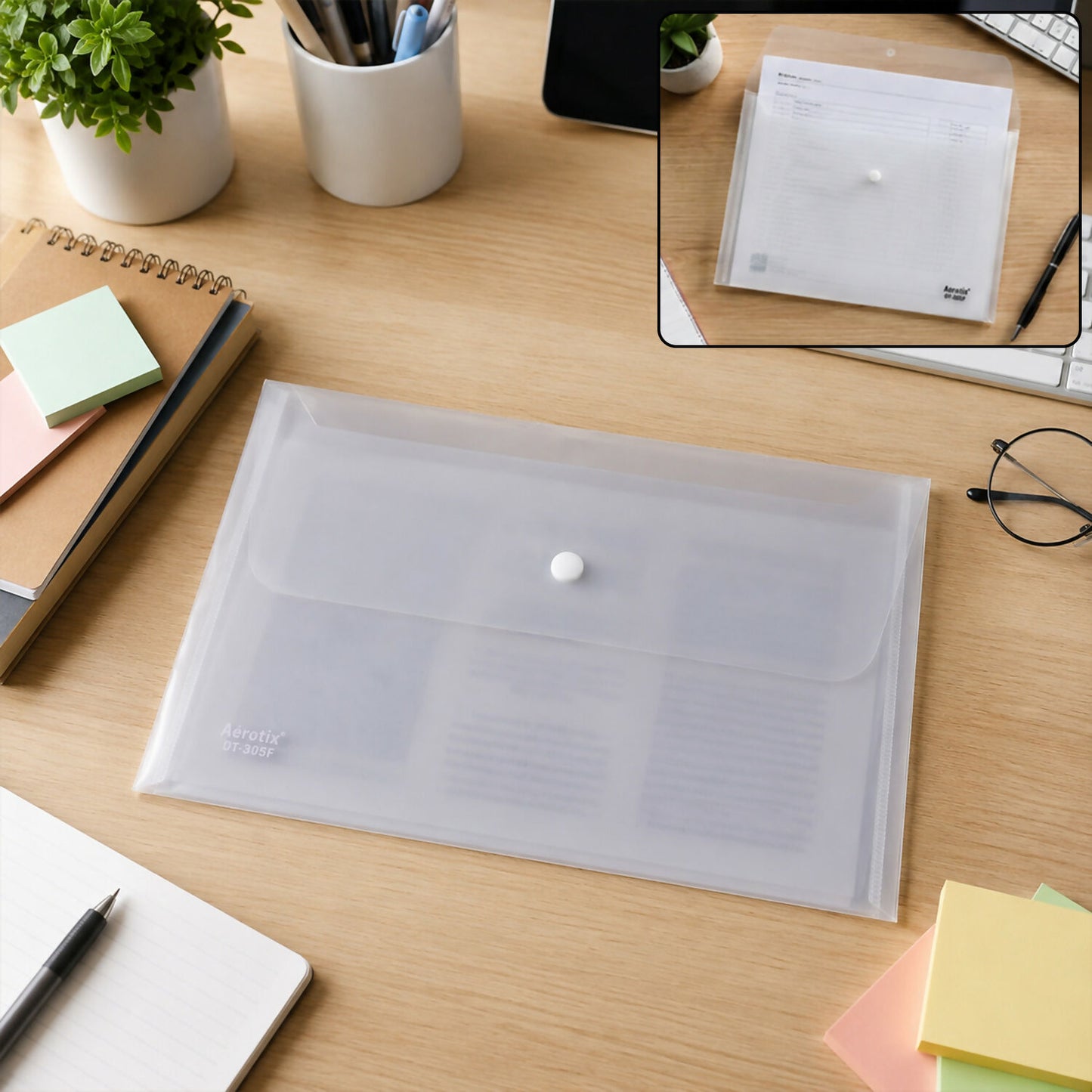 Clear transparent A4 file folder with snap button closure