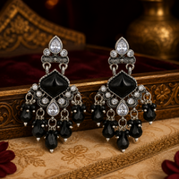 Oxidised Silver Jhumka Earrings with Black Beads and Traditional Elegant Design