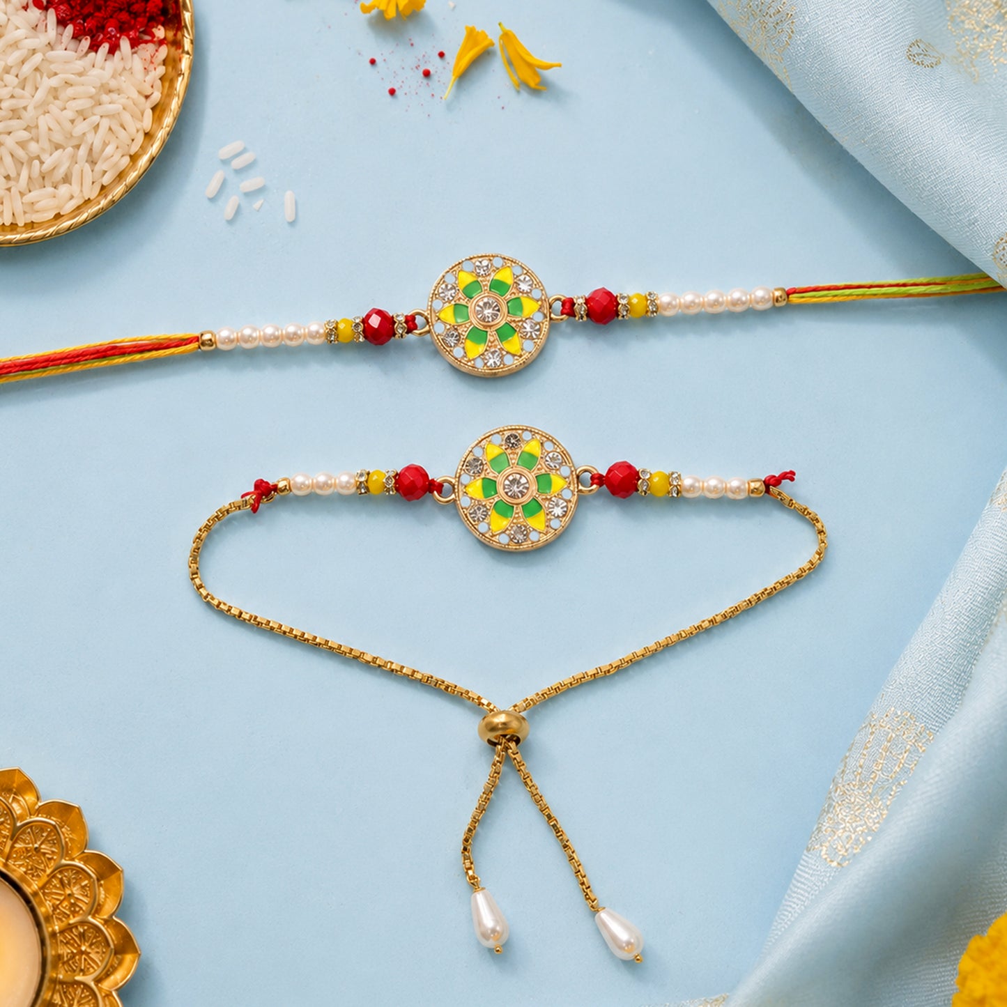 Adjustable bracelet with pearl embellishments suitable for brother and bhabhi
