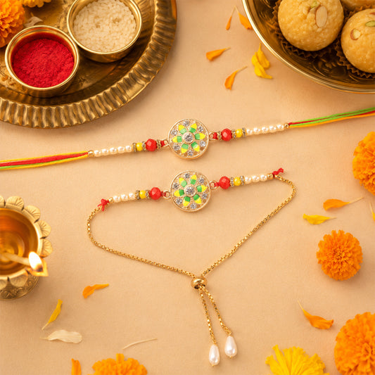 Designer Rakhi Bracelet Combo with Pearl Accents for Brother & Bhabhi