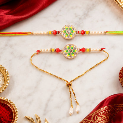 Elegant Rakhi set featuring pearl accents and handcrafted beads for festival gifting