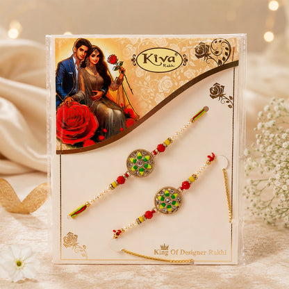 Elegant Rakhi set with traditional design and pearl accents for festival gifting