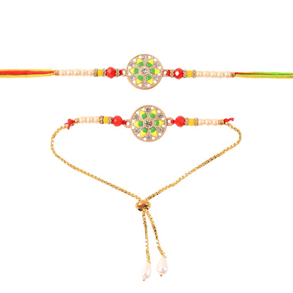 Beautiful Rakhi with mixed beads and pearl highlights, ideal for Raksha Bandhan