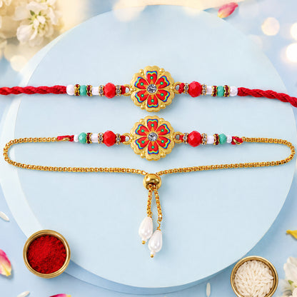 Stylish Flower Meenakari Crystal Stone Beads Bhai Bhabhi Rakhi Lumba Set