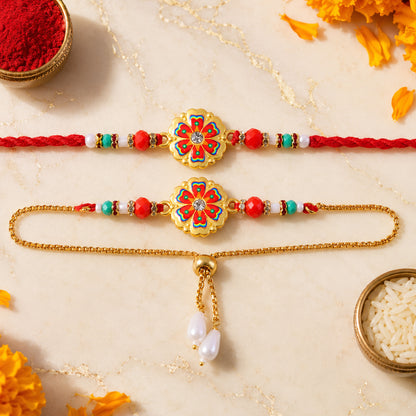 Stylish Flower Meenakari Crystal Stone Beads Bhai Bhabhi Rakhi Lumba Set