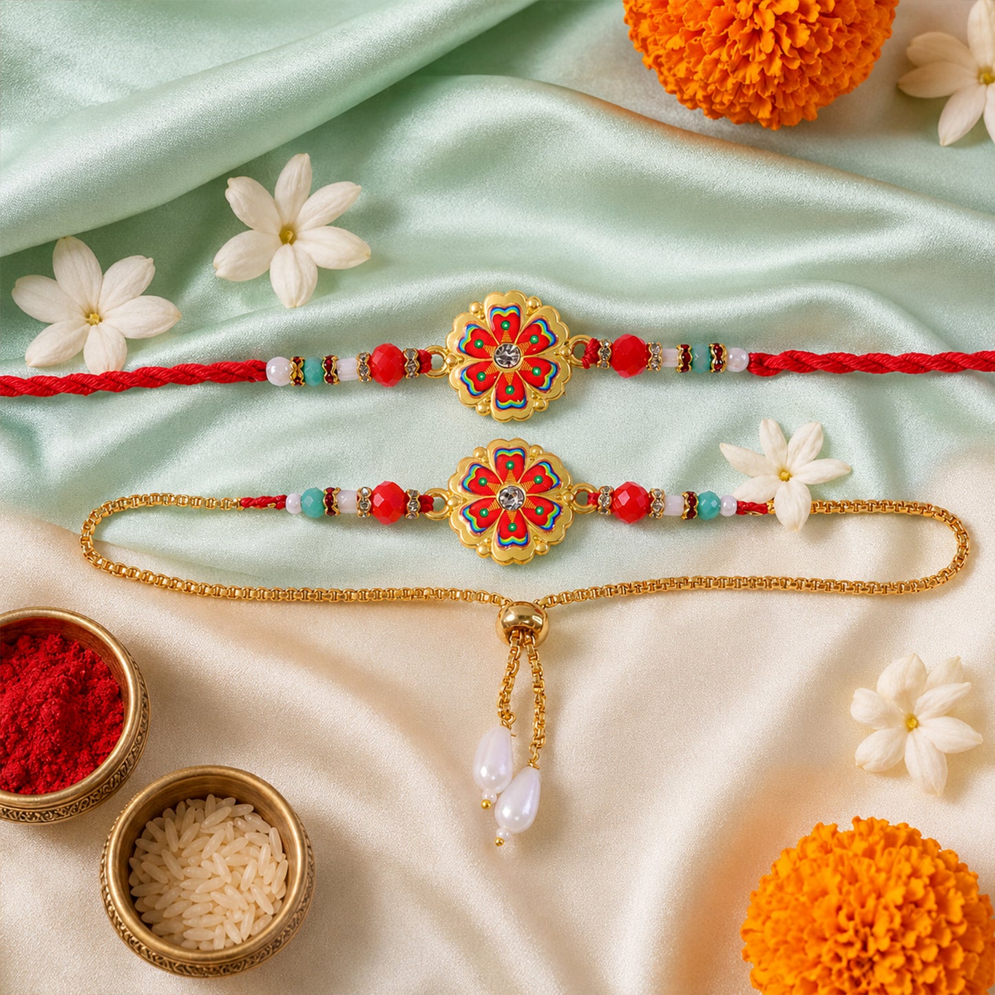 Stylish Flower Meenakari Crystal Stone Beads Bhai Bhabhi Rakhi Lumba Set