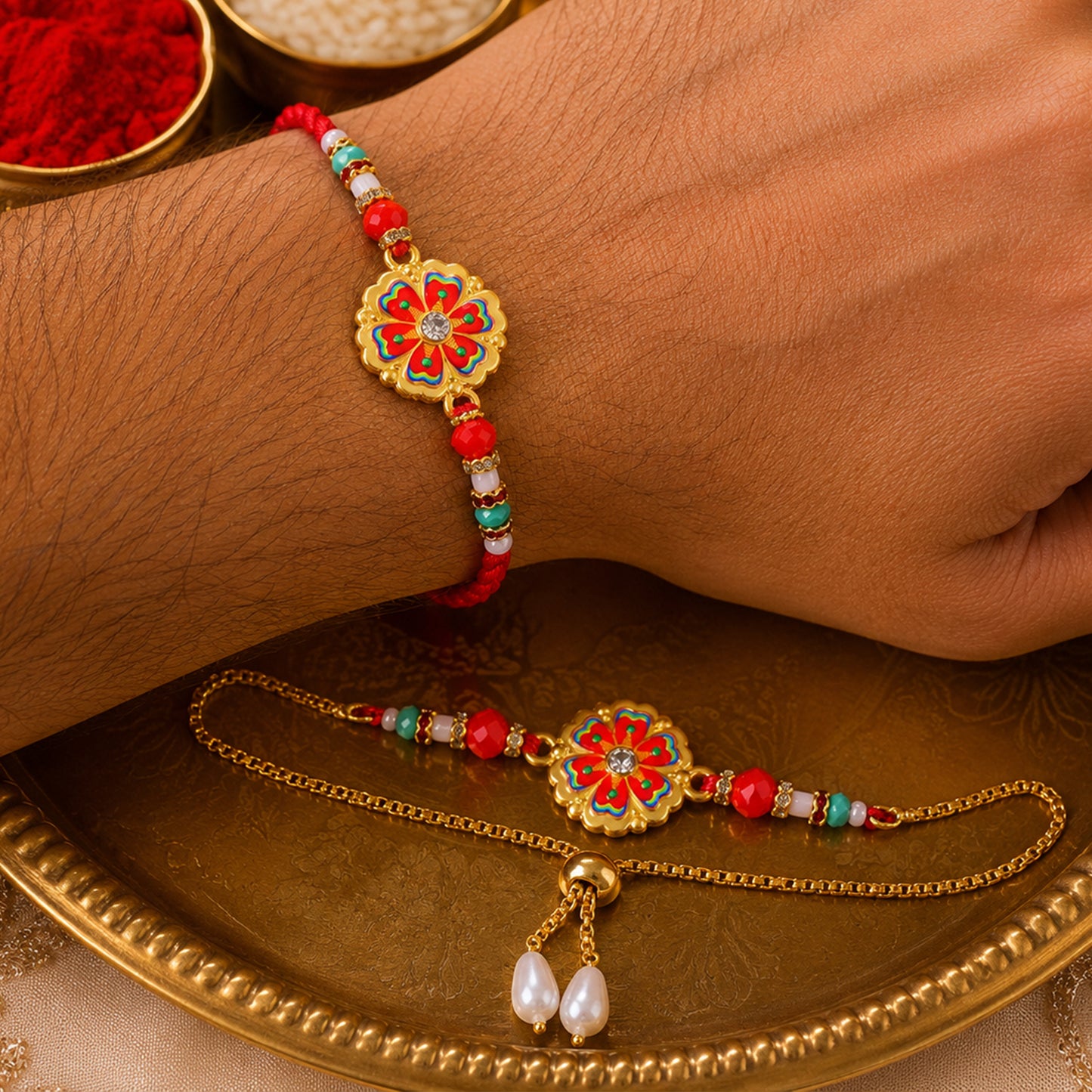 Stylish Flower Meenakari Crystal Stone Beads Bhai Bhabhi Rakhi Lumba Set