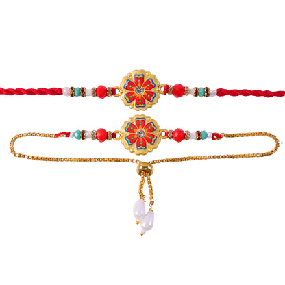 Stylish Flower Meenakari Crystal Stone Beads Bhai Bhabhi Rakhi Lumba Set