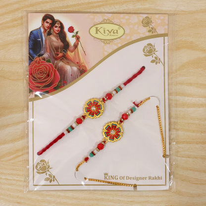 Stylish Flower Meenakari Crystal Stone Beads Bhai Bhabhi Rakhi Lumba Set