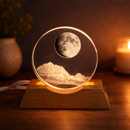 Crystal Moon LED Night Lamp with Wooden Base for Bedroom & Home Décor