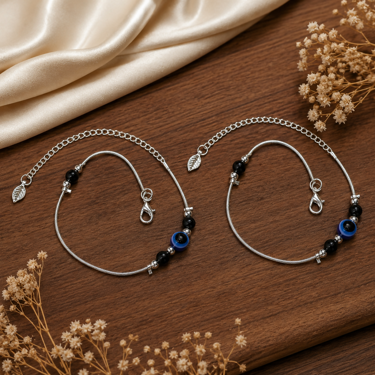 Elegant Silver-Plated Evil Eye Anklet Pair for Women
