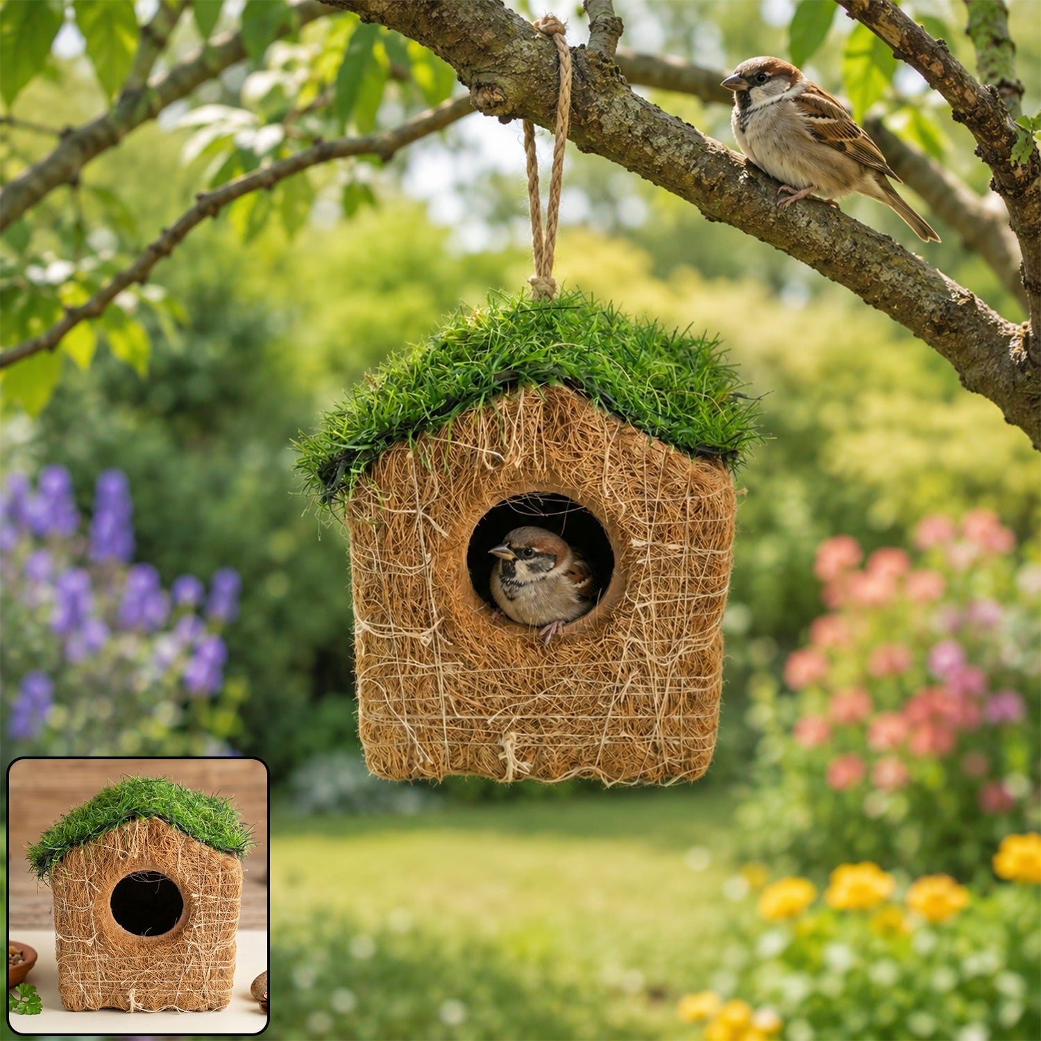 Handmade Coir Bird House with Grass Roof for Outdoor & Garden