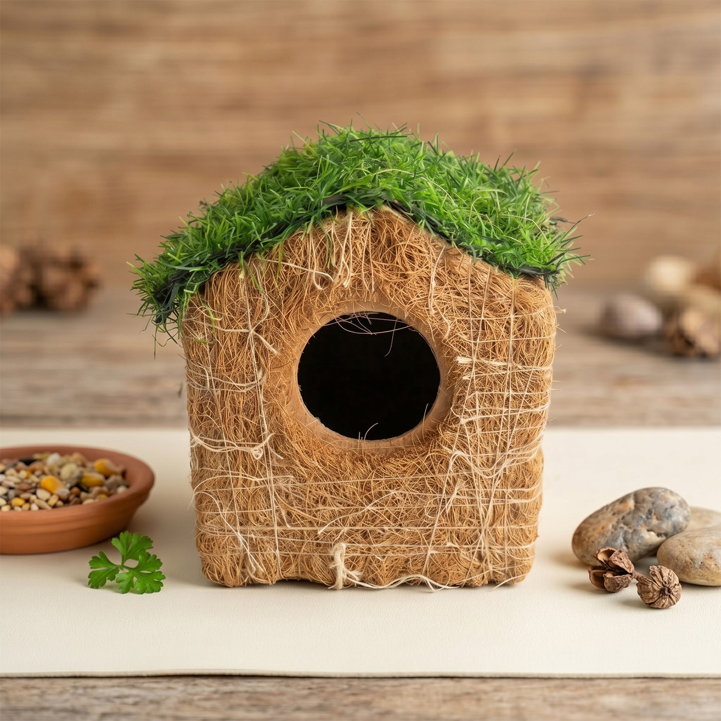 Handmade Coir Bird House with Grass Roof for Outdoor & Garden