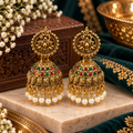 Traditional Gold Temple Jhumka Earrings with Pearl Drops and Multicolor Stones