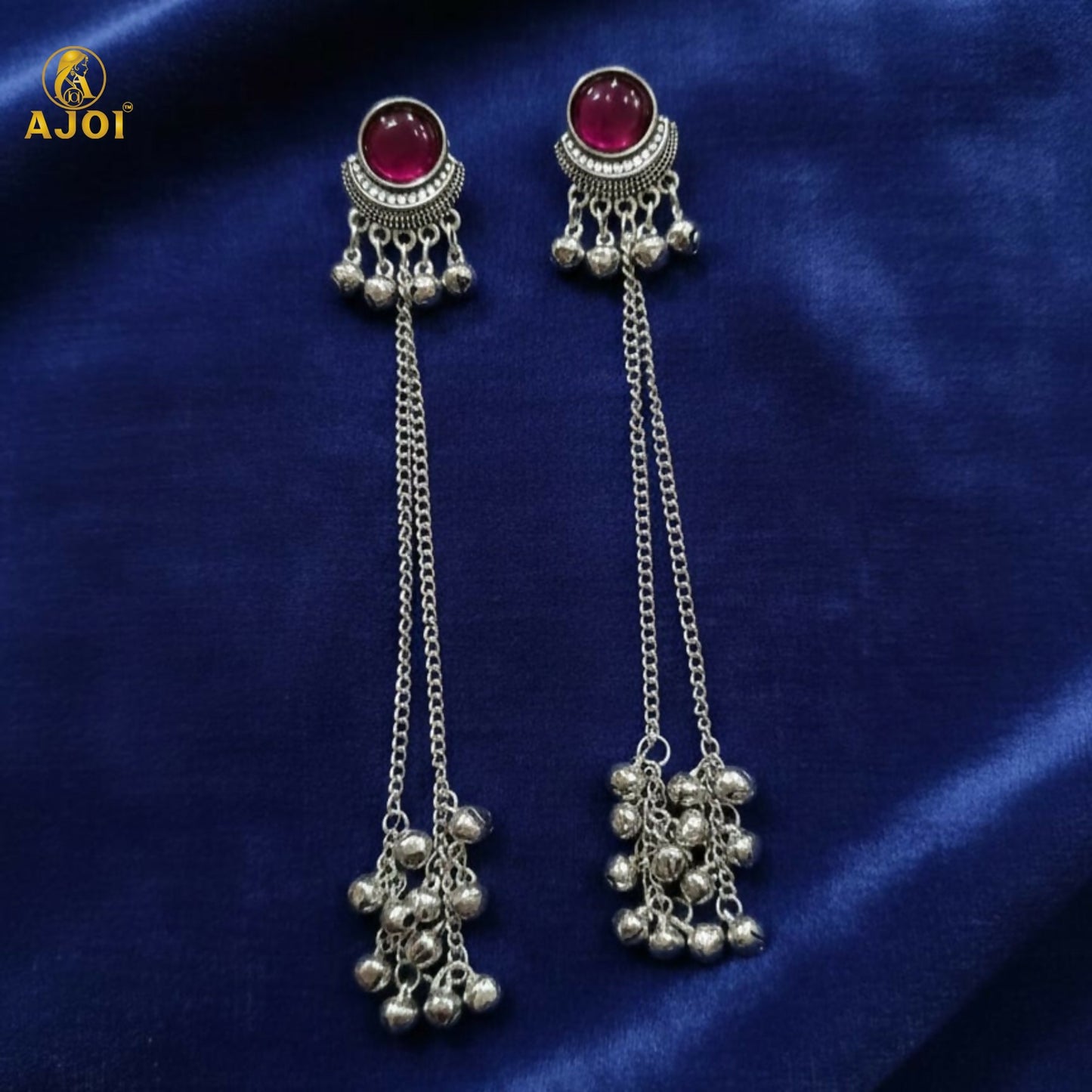 Ethnic Round Design Silver Plated Long Earrings with Ghungroo Drops
