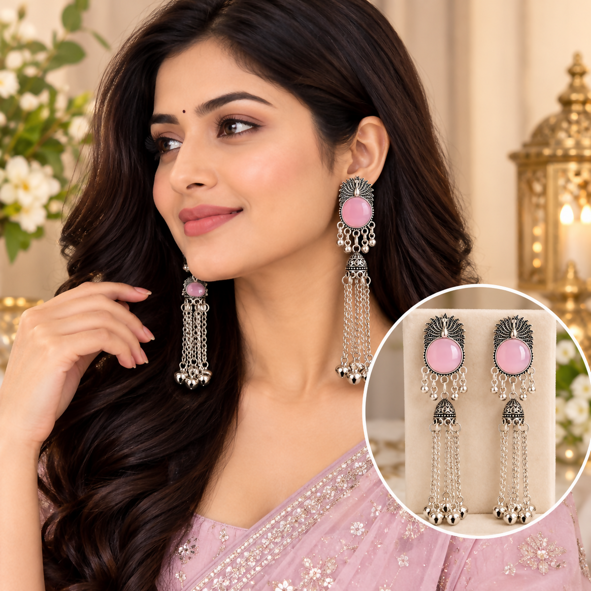 Traditional Peacock Design Jhumka Earrings with Round Accents and Long Chain Tassels