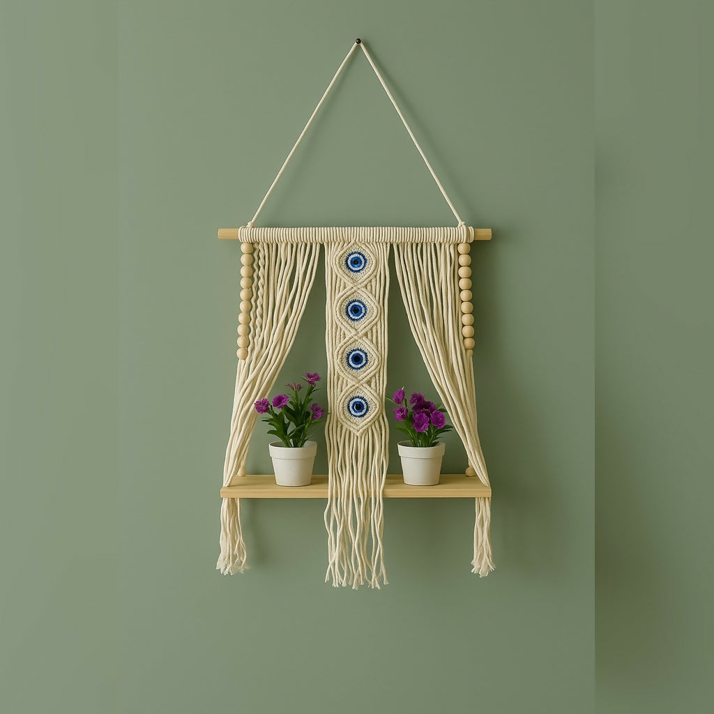 A macrame wall hanging shelf with purple flowers on a light green wall, featuring an evil eye pattern.