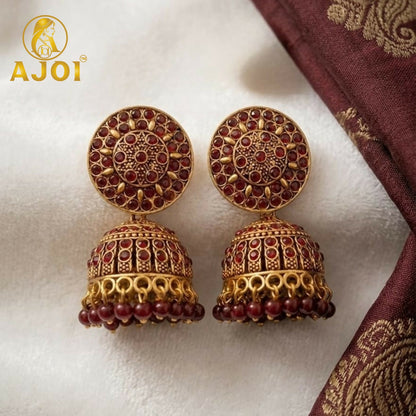 Antique Gold Maroon Stone Jhumka Earrings Traditional Ethnic Design