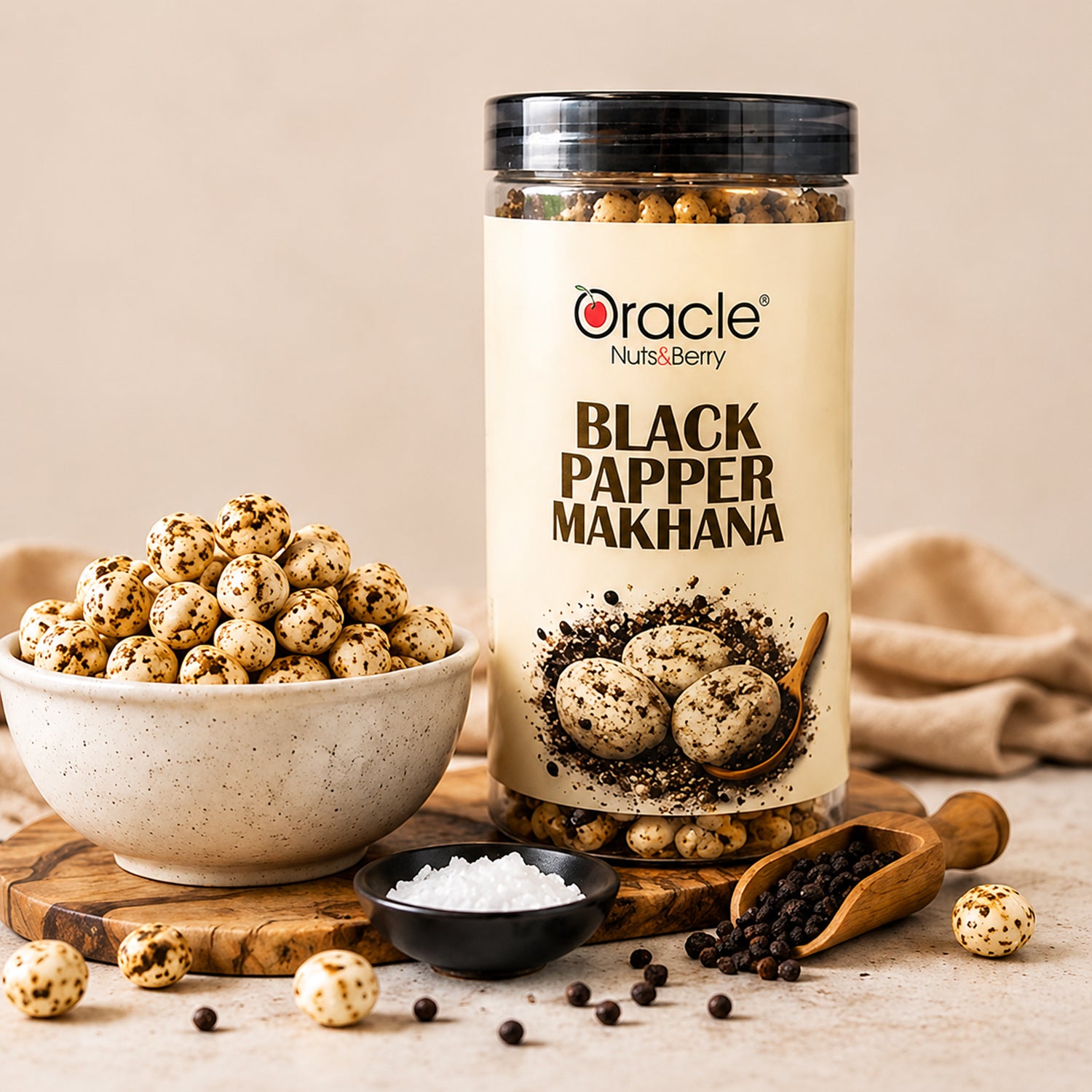 Crunchy roasted black pepper fox nuts in a bowl for snacking