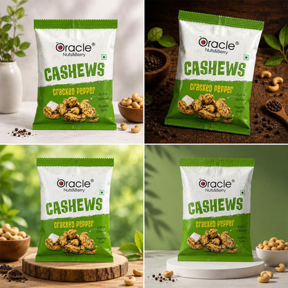 Hand holding Oracle Black Pepper Cashew Mini pack, ready to snack.