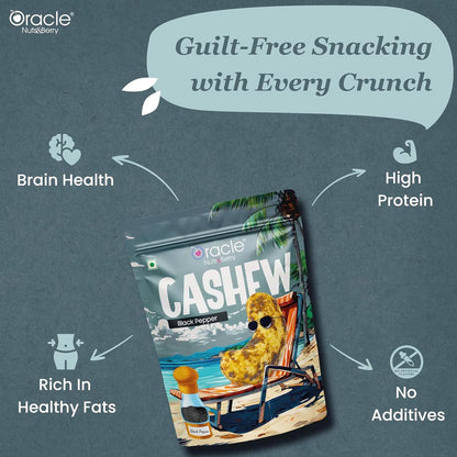 Oracle Black Pepper Cashews packaging displayed alongside a handful of the snack.