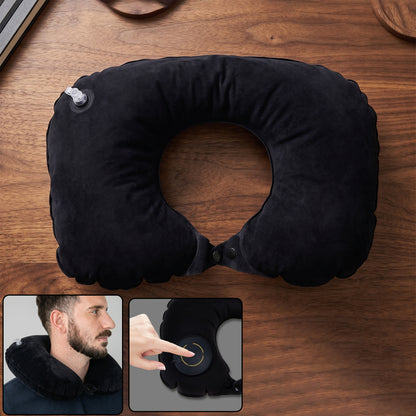 Black inflatable U-shape travel pillow with soft velvet surface for neck support