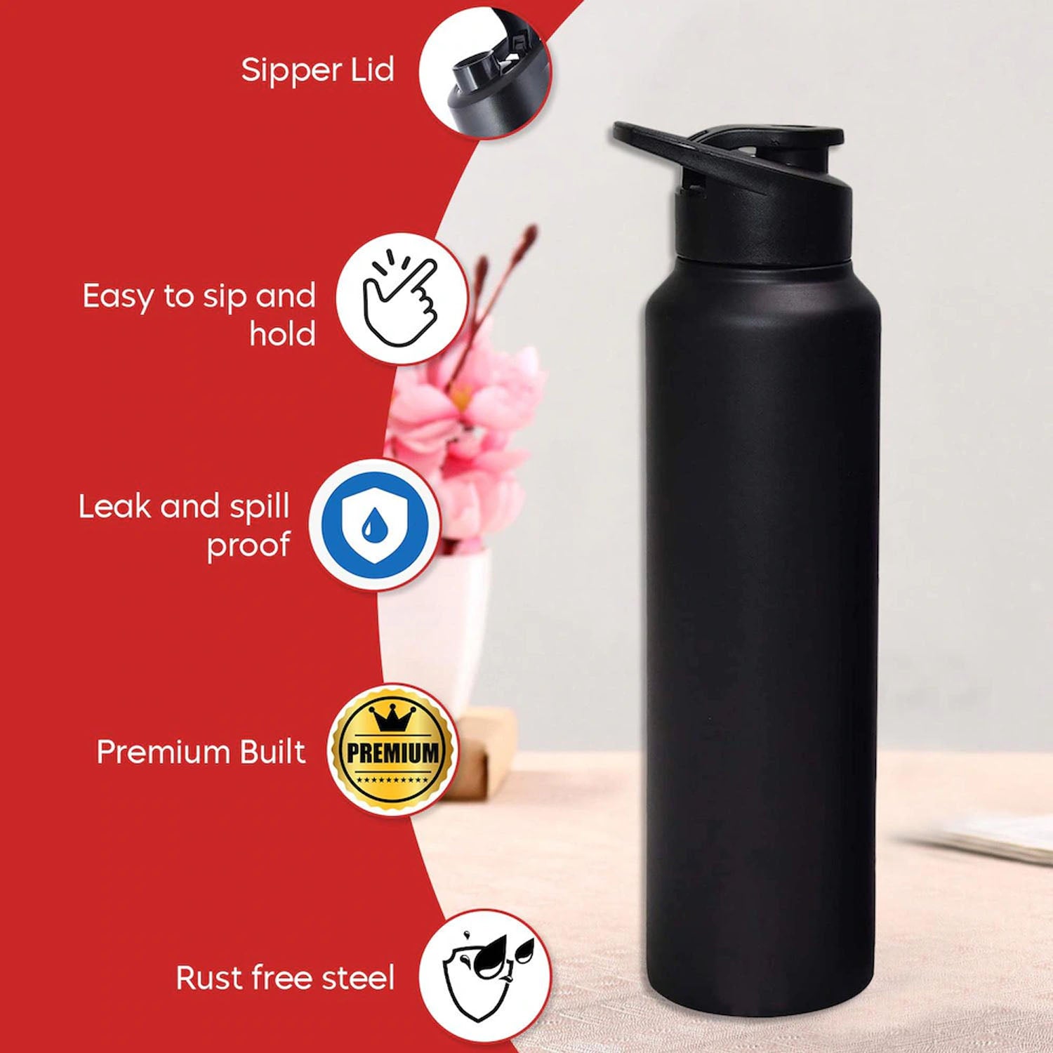 Stainless Steel 1000ml Flip-Top Reusable Sports Water Bottle – 1 Pc