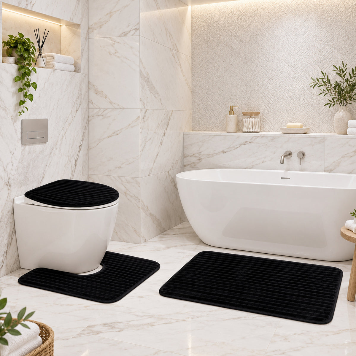 Bathroom Mat Set with Toilet Contour Rug and Lid Cover, Anti Slip (3 Pc Set)