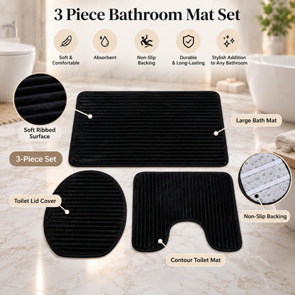 Bathroom Mat Set with Toilet Contour Rug and Lid Cover, Anti Slip (3 Pc Set)