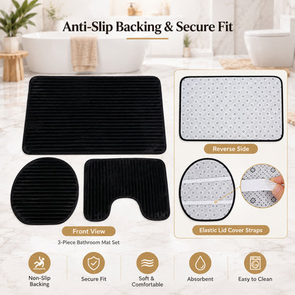 Bathroom Mat Set with Toilet Contour Rug and Lid Cover, Anti Slip (3 Pc Set)