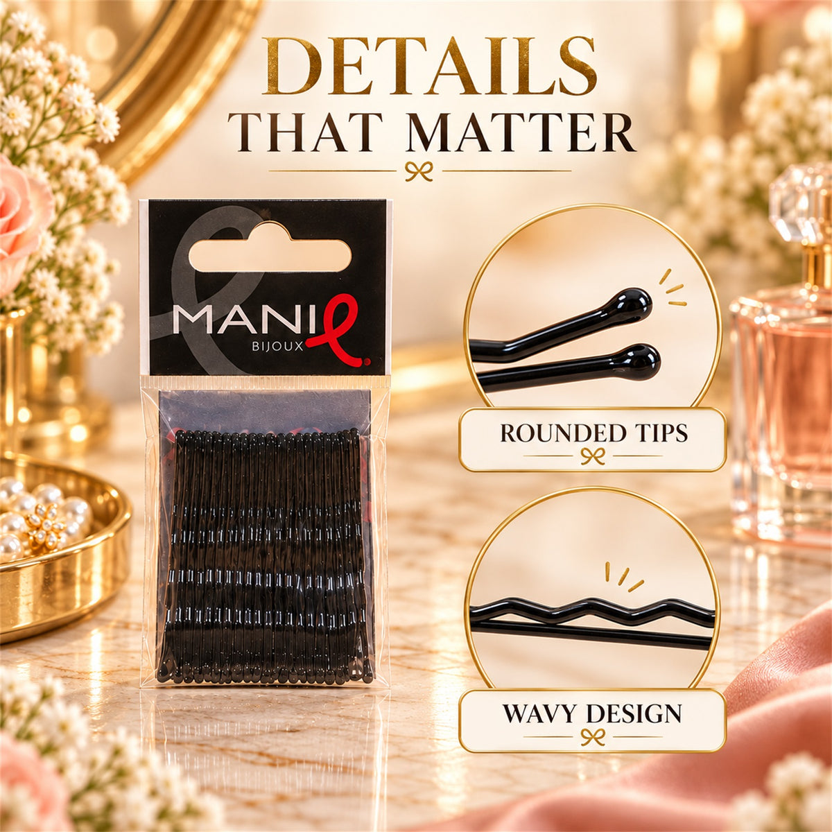 Metal Bobby Hair Pins with Wavy Grip and Rounded Tips for Everyday Styling (20 Pc)