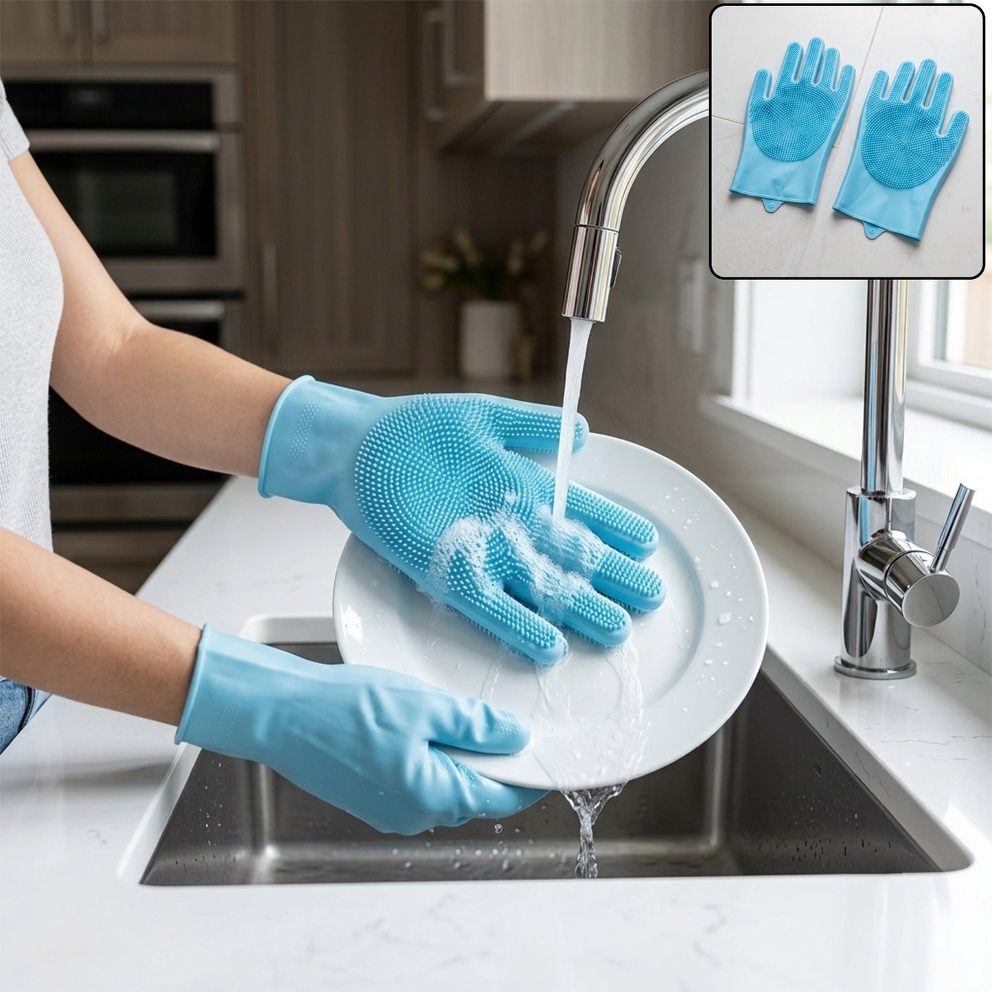 Reusable Silicone Cleaning Gloves with Scrubber Bristles for Kitchen (1 Pair)