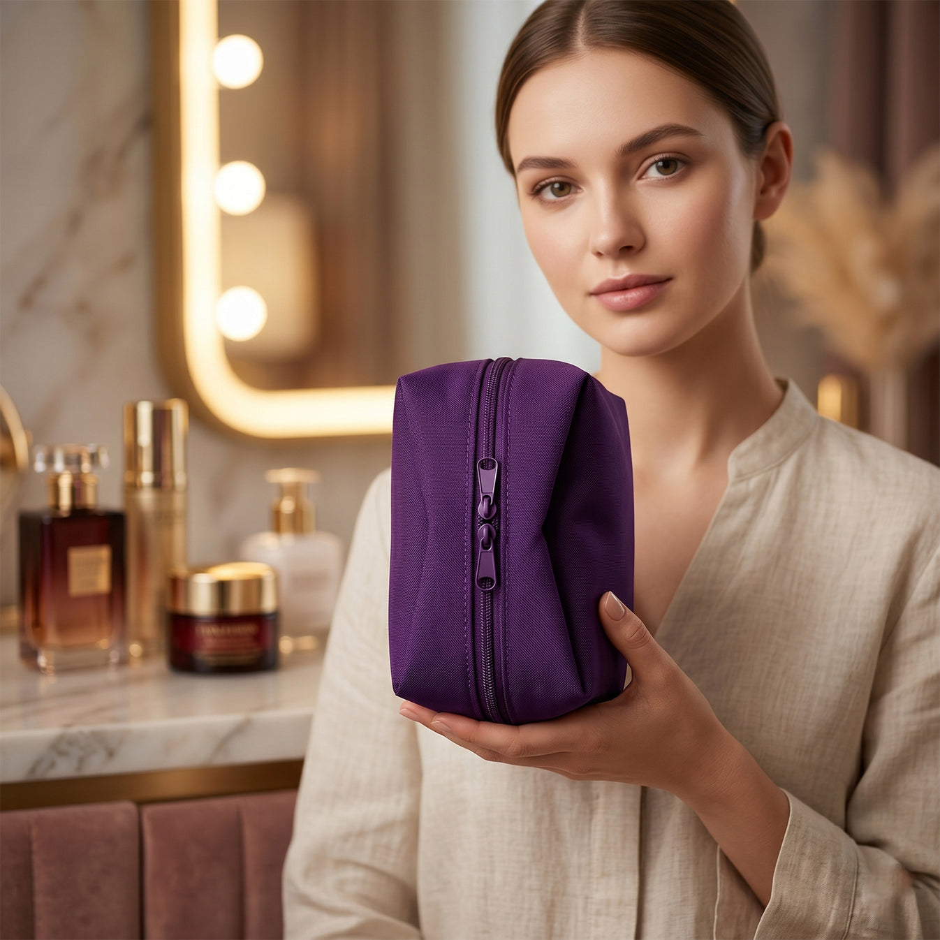 Premium Travel Makeup Organizer Bag | Waterproof Compact Cosmetic Pouch for Women, Foldable Toiletry & Beauty Storage Bag with Multiple Compartments, Portable Makeup Travel Case for Home, Travel & Daily Use - Purple - Image 3