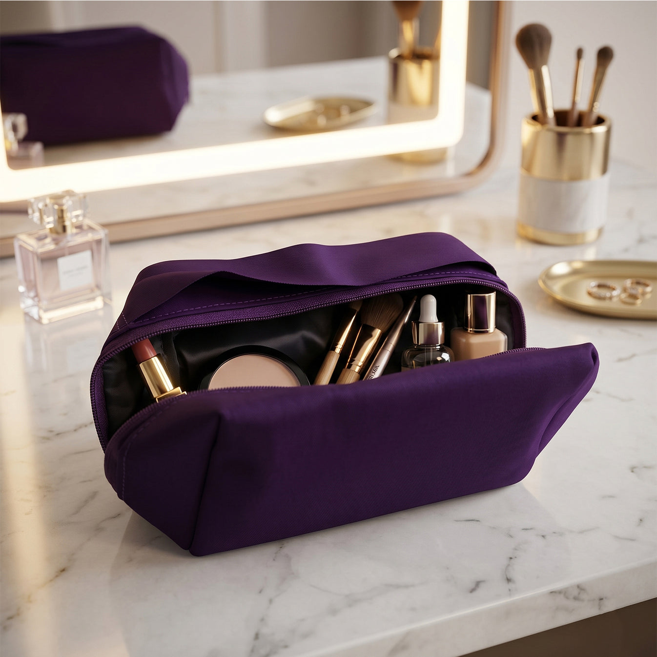 Premium Travel Makeup Organizer Bag | Waterproof Compact Cosmetic Pouch for Women, Foldable Toiletry & Beauty Storage Bag with Multiple Compartments, Portable Makeup Travel Case for Home, Travel & Daily Use - Purple - Image 2