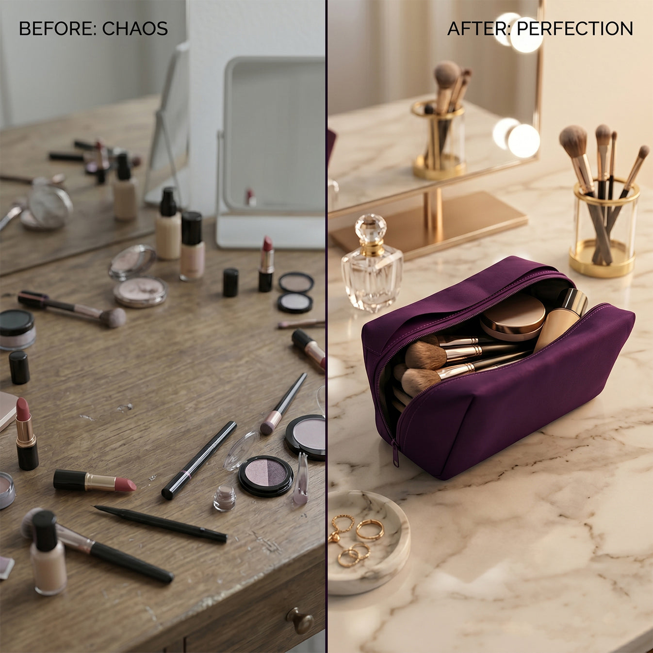 Premium Travel Makeup Organizer Bag | Waterproof Compact Cosmetic Pouch for Women, Foldable Toiletry & Beauty Storage Bag with Multiple Compartments, Portable Makeup Travel Case for Home, Travel & Daily Use - Purple - Image 6