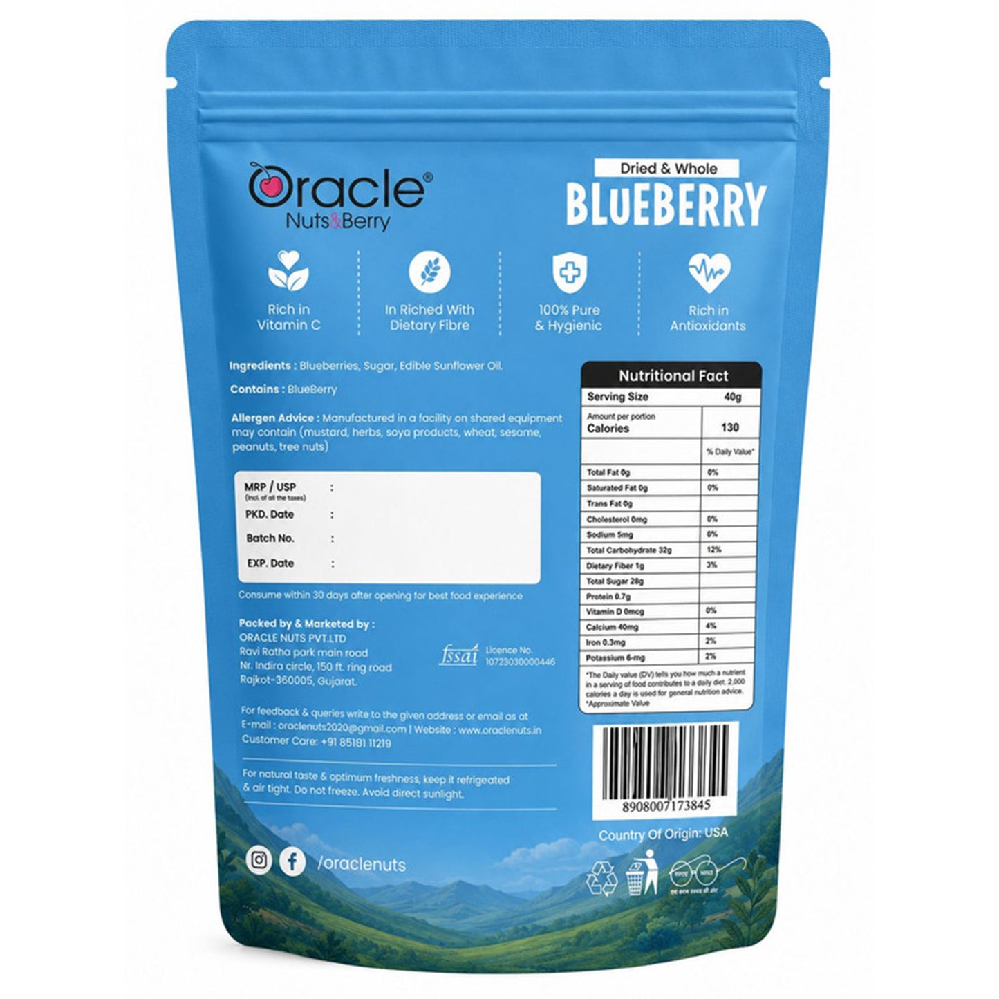 Dried blueberries in a vibrant snack pack ready for consumption