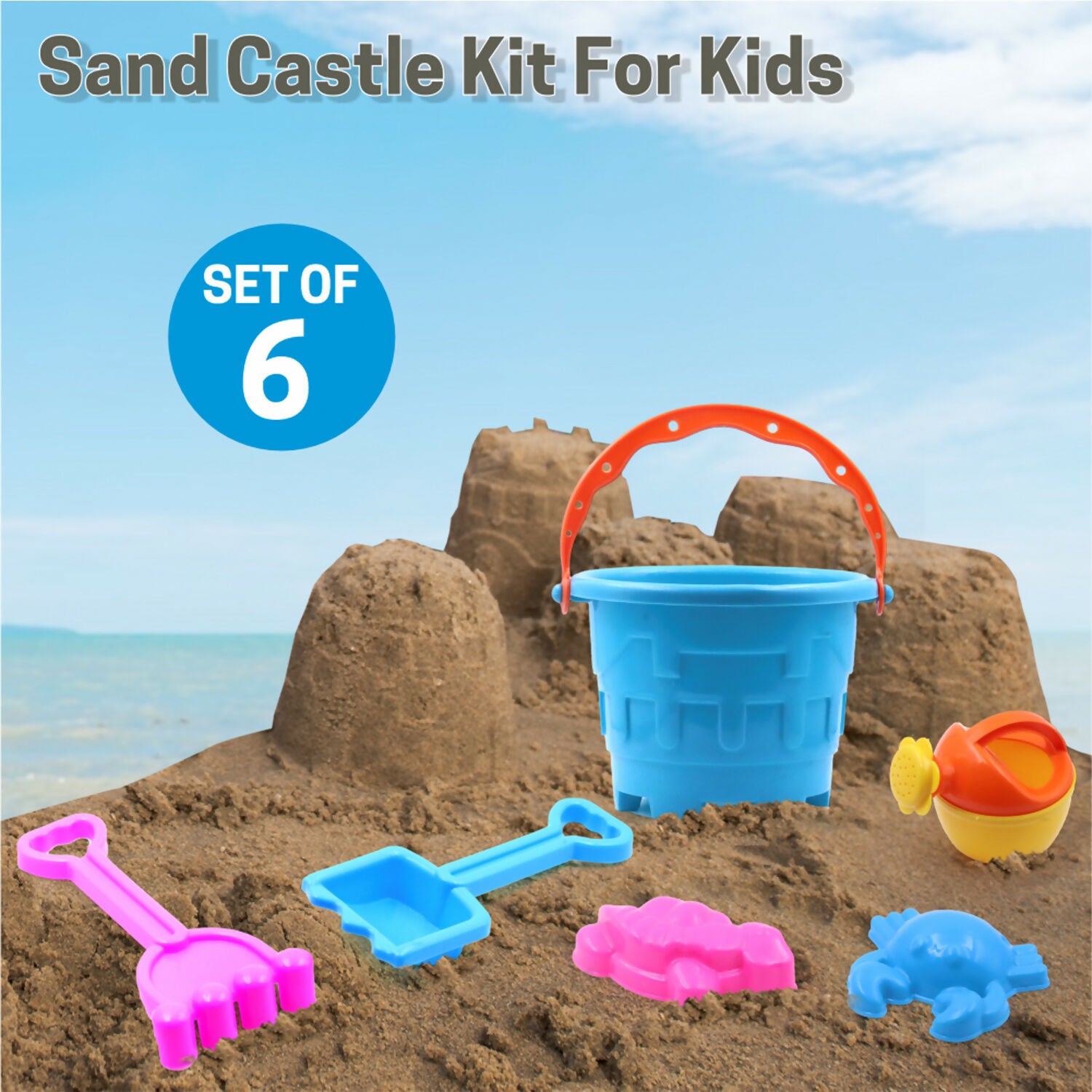 Aditi Kids Beach Sand Toy Set with Bucket, Shovels and Moulds, Safe ABS Plastic Play Set 6PC