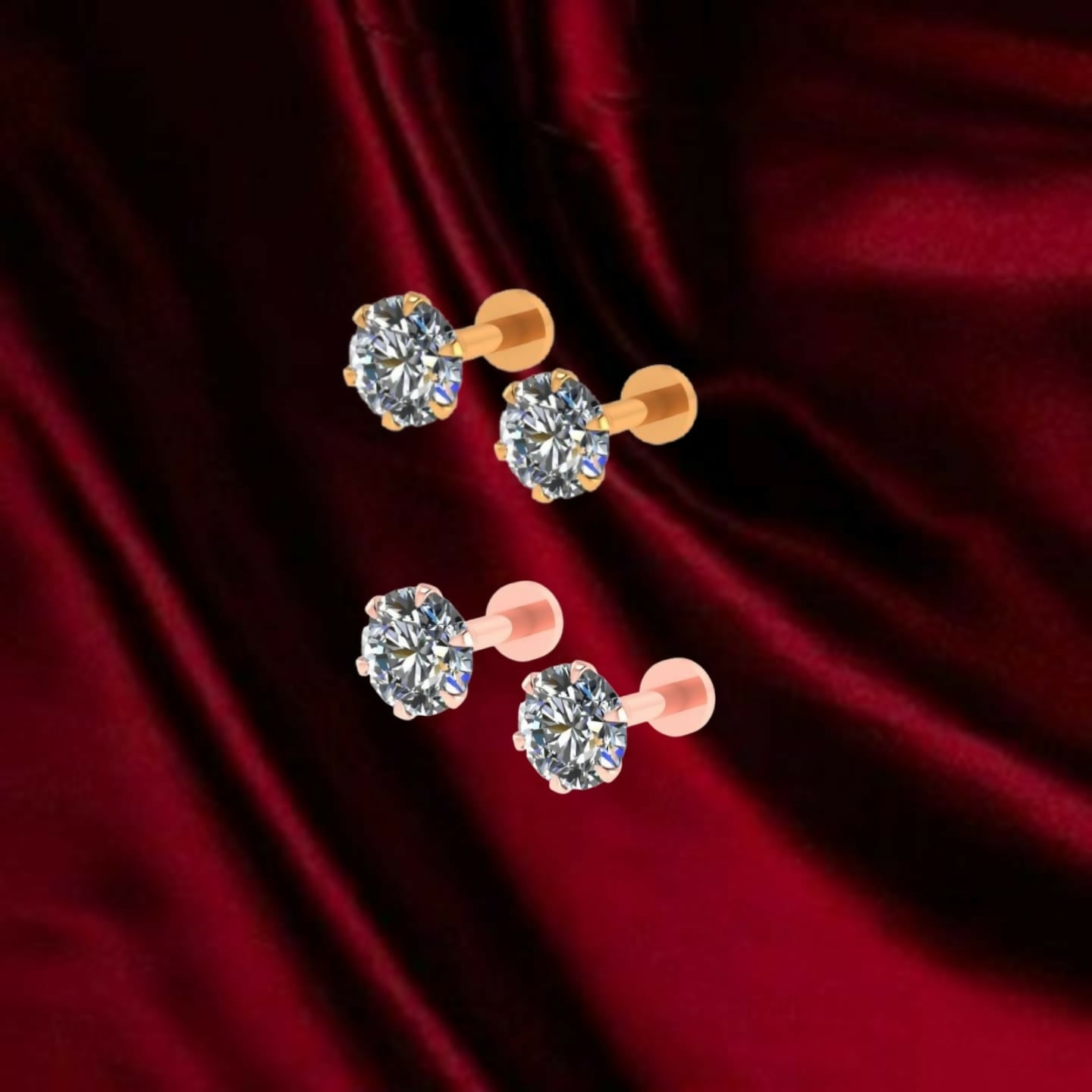 Gold Plated Round AD Solitaire Flat Back Stud Earrings Combo Pack of 2