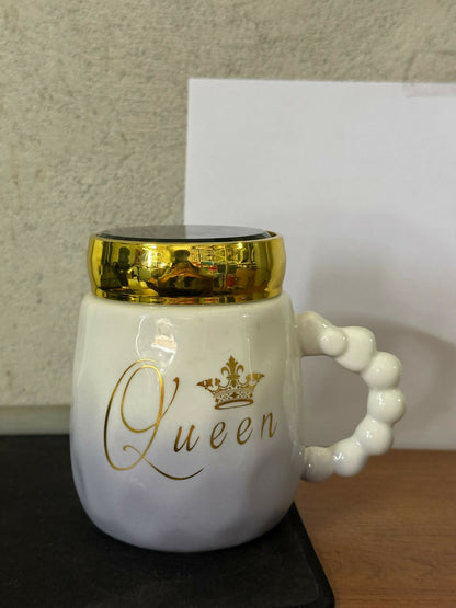 Queen Ceramic Mug with Lid & Beaded Handle Coffee Cup
