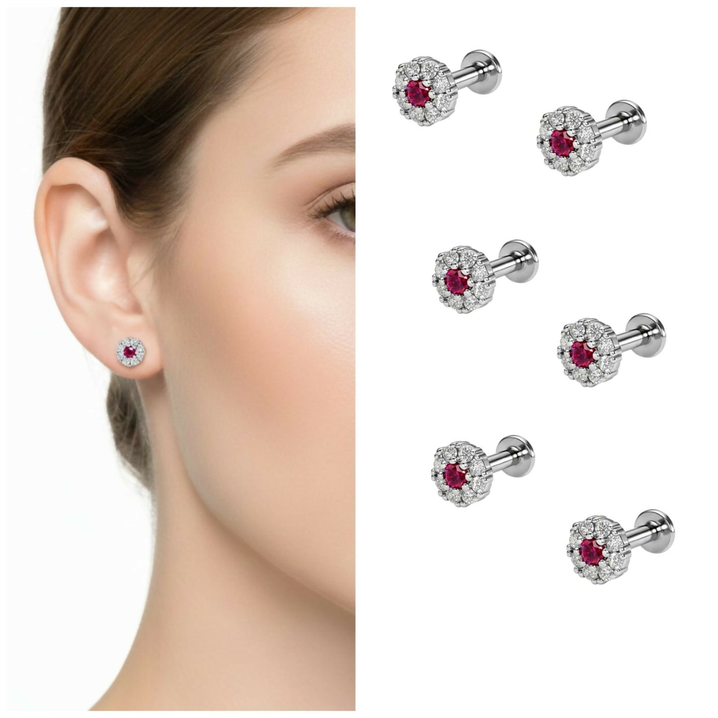 Ruby halo flat back earrings showcasing floral cluster design with ruby center and diamond halo