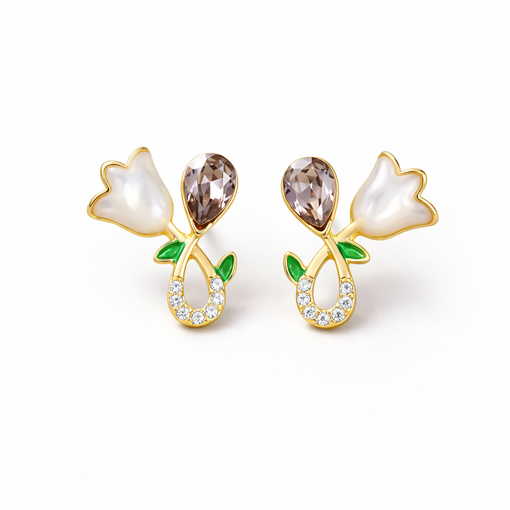 Elegant White Floral Stud Earrings for Women | Gold Plated Crystal Drop Design